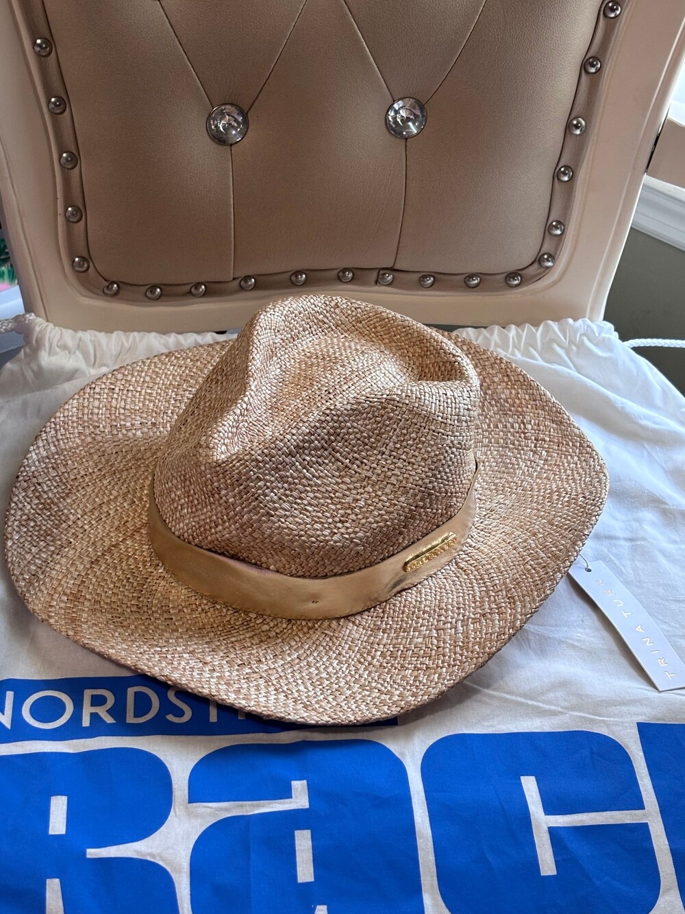 Trina Turk Straw Fedora Hat One Size Natural with Gold Leather Band